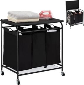 img 4 attached to 🧺 HollyHOME 3-Bags Laundry Sorter Cart with Foldable Ironing Board: Rolling Heavy-Duty Hamper with Removable Bags and Mobile Brake Caster in Black