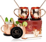 🍹 mule science authentic moscow mule copper mugs gift set - 4 mugs (16oz) + straws, coasters, shot glass, spoon & brush - no-lining interior & food grade logo