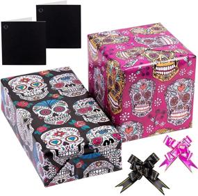 img 4 attached to 🎃 Halloween Wrapping Paper Set with Gift Tags and Pull Bows - Skull in Rose Red & Black Design - 19.68 x 27.55 inch - 2 Sheets by LeZakaa
