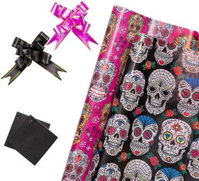 img 3 attached to 🎃 Halloween Wrapping Paper Set with Gift Tags and Pull Bows - Skull in Rose Red & Black Design - 19.68 x 27.55 inch - 2 Sheets by LeZakaa