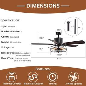 img 2 attached to 🏭 APBEAMLighting 52" Industrial Farmhouse Ceiling Fan Light: Remote Control, Retro Cage Pendant, Matte Black, 5 Retractable Wood Blades, Chandelier