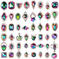 48pcs assorted sizes & shapes ab iridescent 3d crystals diamonds - big multicolored rhinestone embellishments with large bow silver metal accents for nail art, beauty design, decoration crafts, jewelry making & diy logo