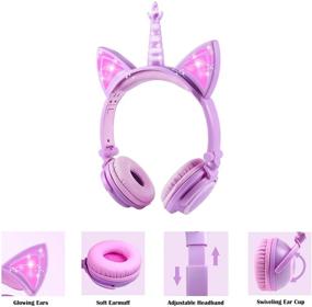 img 3 attached to 🦄 Cute Unicorn Headphones for Girls with Glowing LED Cat Ears - Over Ear Wired Kids Headsets for School, Travel, Home (Purple)