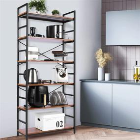 img 2 attached to 📚 Adjustable Bookcase Storage Shelves - Tiered Industrial Wood Bookshelf with Freestanding Metal Frame for Living Room, Bedroom, and Office - Tall Black Bookcases and Shelving Unit