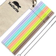 reusable silicone drinking straws - seaturtle pack of 10 with cotton carry bag and 2 cleaning brushes - eco-friendly flexible straws - sustainable products logo