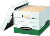 bankers box® r-kive® heavy-duty storage boxes, locking lift-off lids, built-in handles, letter/legal size, 15" x 12" x 10", 60% recycled, white/green, case of 12 logo