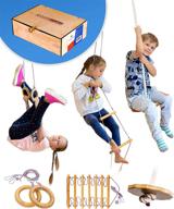 🏋️ kids gym set: indoor jungle gym with round disk swing, rope ladder, gymnastics rings in wooden box - playground playset for kids 3-9 y.o. logo