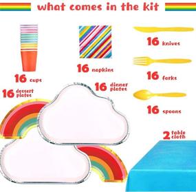 img 1 attached to 🌈 Rainbow Themed Party Supplies Set - 114 Pieces Disposable Tableware Kit: Plates, Cups, Napkins, Spoons, Forks, Knives, Tablecloth - Serves 16