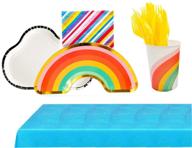 🌈 rainbow themed party supplies set - 114 pieces disposable tableware kit: plates, cups, napkins, spoons, forks, knives, tablecloth - serves 16 logo