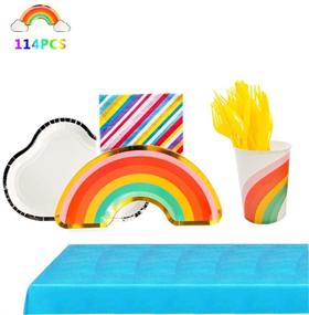 img 3 attached to 🌈 Rainbow Themed Party Supplies Set - 114 Pieces Disposable Tableware Kit: Plates, Cups, Napkins, Spoons, Forks, Knives, Tablecloth - Serves 16