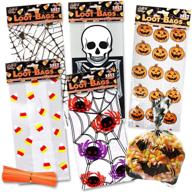 🎃 150 halloween cellophane treat bags - goodie bag for candy, clear plastic cello with ties, spider, pumpkin, bat, corn, skeleton designs - perfect for kids, cookies and goodies logo