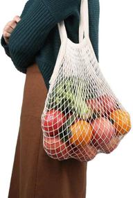 img 2 attached to 🛍️ Set of 4 Portable and Reusable Cotton Mesh Grocery Bags for Fruits and Vegetables | Washable Organizer Totes with Long Handles | Organic Shopping Handbags in Grey Blue, Black, Beige, and Pink