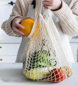 img 3 attached to 🛍️ Set of 4 Portable and Reusable Cotton Mesh Grocery Bags for Fruits and Vegetables | Washable Organizer Totes with Long Handles | Organic Shopping Handbags in Grey Blue, Black, Beige, and Pink