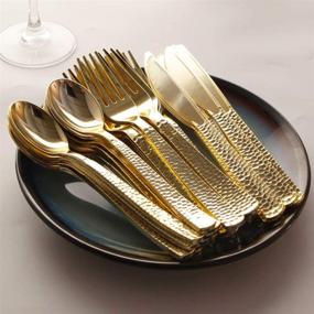 img 1 attached to Превосходный набор посуды "Premium Gold Hammered Plastic Silverware Set" - 300 штук тяжелой золотой столовой прибор, идеальный для вечеринок, свадеб и кейтеринговых мероприятий (Золотой)