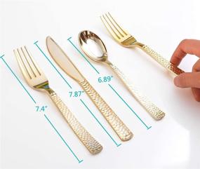 img 3 attached to Превосходный набор посуды "Premium Gold Hammered Plastic Silverware Set" - 300 штук тяжелой золотой столовой прибор, идеальный для вечеринок, свадеб и кейтеринговых мероприятий (Золотой)