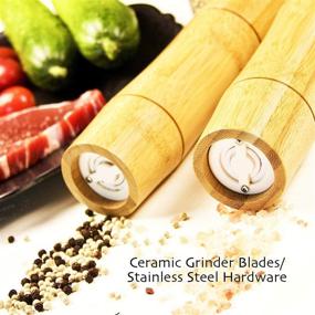 img 1 attached to 🎋 Bamboo Salt and Pepper Mill Set with Stand - Ceramic Grinder Blades, Adjustable Coarseness - 2-Pack 8-Inch Refillable Grinders Gift Set for Seasoning, Cooking, Serving, Dining