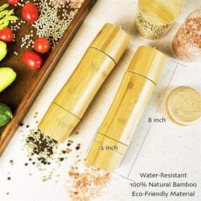 img 2 attached to 🎋 Bamboo Salt and Pepper Mill Set with Stand - Ceramic Grinder Blades, Adjustable Coarseness - 2-Pack 8-Inch Refillable Grinders Gift Set for Seasoning, Cooking, Serving, Dining