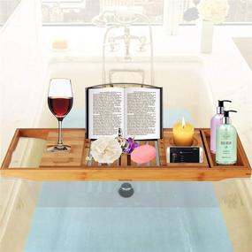 img 3 attached to Luxury Bamboo Bathtub Caddy Tray with Wine Holder, Cup Placement, Soap Dish, Book Space 🛁 & Phone Slot - SereneLife SLBCAD20: The Perfect Spa and Shower Organizer for a Serene Bathroom Experience