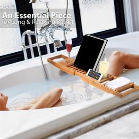 img 2 attached to Luxury Bamboo Bathtub Caddy Tray with Wine Holder, Cup Placement, Soap Dish, Book Space 🛁 & Phone Slot - SereneLife SLBCAD20: The Perfect Spa and Shower Organizer for a Serene Bathroom Experience