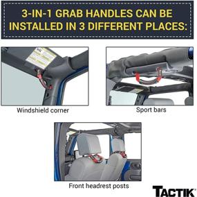 img 3 attached to 🔴 TACTIK 3-in-1 Tactical Grab Handle Pair, Red - Compatible with Jeep Wrangler JK 2007 to 2018 - Install in Windshield Corners, Sport Bars, and Front Headrest Posts - Durable Nylon with Comfortable Vinyl Grips