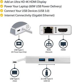 img 3 attached to 🔌 StarTech.com USB-C Multiport Adapter - Portable White Travel Docking Station with 4K HDMI, 60W Power Delivery Pass-Through, GbE, 2pt USB-A 3.0 Hub - Mini USB Type-C Dock for Laptop