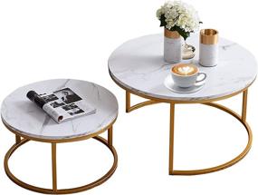 img 4 attached to 🪐 Stylish 32” Round Nesting Coffee Table with Golden Metal Frame and Marble Color Top: A Modern Sofa Side Table