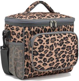 img 4 attached to FlowFly Insulated Reusable Lunch Bag - Large Adult Lunch Box for Women and Men: Leopard Print with Adjustable Strap, Front Zipper Pocket, and Dual Large Mesh Side Pockets