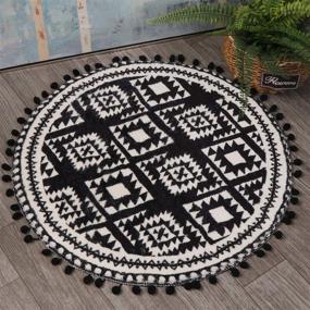 img 4 attached to HAOCOO Round Area Rugs with Pom Pom Ball Fringe - 2ft, Black and Beige Soft Velvet Small Throw Rugs for Bedroom, Living Room, Bathroom Decor - Non-Slip Boho Geometric Floor Carpet