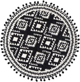 img 3 attached to HAOCOO Round Area Rugs with Pom Pom Ball Fringe - 2ft, Black and Beige Soft Velvet Small Throw Rugs for Bedroom, Living Room, Bathroom Decor - Non-Slip Boho Geometric Floor Carpet