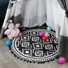 img 1 attached to HAOCOO Round Area Rugs with Pom Pom Ball Fringe - 2ft, Black and Beige Soft Velvet Small Throw Rugs for Bedroom, Living Room, Bathroom Decor - Non-Slip Boho Geometric Floor Carpet