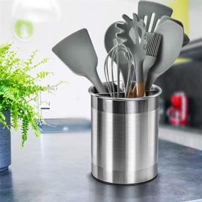 img 3 attached to 🍴 Large Stainless Steel Kitchen Utensil Holder with Removable Divider, 360° Rotating Countertop Organizer Caddy, Weighted Base (Utensils Not Included)