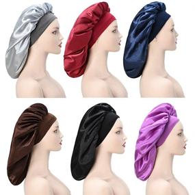 img 3 attached to Large Size Soft Satin Silk Sleep Cap with Wide Elastic Band for Women - Head Cover for Good Night's Sleep, Bonnet Sleep Cap, Night Sleeping Hat