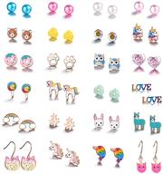 🌈 24/36/40 pairs of hypoallergenic girls kids stud earrings set with unicorn, heart, mermaid scales, rainbow, pearls, owl, rhinestone – cute mixed colors, stainless steel, nickel-free logo