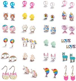 img 4 attached to 🌈 24/36/40 Pairs of Hypoallergenic Girls Kids Stud Earrings Set with Unicorn, Heart, Mermaid Scales, Rainbow, Pearls, Owl, Rhinestone – Cute Mixed Colors, Stainless Steel, Nickel-Free