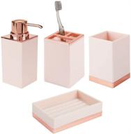 mdesign square plastic bathroom vanity accessory set - includes soap dispenser pump, divided toothbrush holder, tumbler rinsing cup, soap dish - 4 pieces - light pink/rose gold logo