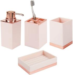 img 4 attached to mDesign Square Plastic Bathroom Vanity Accessory Set - Includes Soap Dispenser Pump, Divided Toothbrush Holder, Tumbler Rinsing Cup, Soap Dish - 4 Pieces - Light Pink/Rose Gold