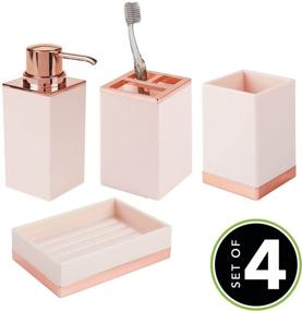 img 3 attached to mDesign Square Plastic Bathroom Vanity Accessory Set - Includes Soap Dispenser Pump, Divided Toothbrush Holder, Tumbler Rinsing Cup, Soap Dish - 4 Pieces - Light Pink/Rose Gold