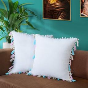img 4 attached to Colorful Pom Pom Decorative Throw Pillow Covers for Couch, Sofa, and Bedroom