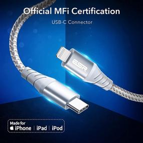 img 1 attached to 🔌 ESR USB-C кабель Lightning: сертифицированный MFi PD быстрая зарядка для iPhone 13/12/11, 7.8 дюймов, оплетенный нейлон - серебристый.