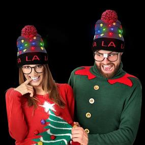 img 1 attached to 🎄 Windy City Novelties LED Light-up Knitted Ugly Sweater Beanie - 3 Festive Flashing Modes (FA La La Beanie)