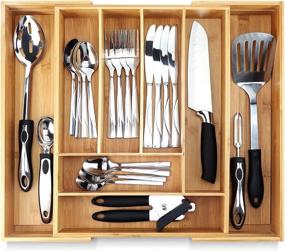 img 4 attached to 🍴 Expandable Bamboo Silverware Tray for Drawer Organization - Kitchen Drawer Organizer - Cutlery Drawer Organizer - Flatware Holder, Adjustable Wooden Dividers - 8 Slots