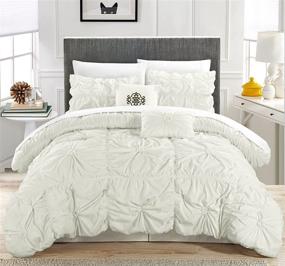 img 3 attached to Chic Home Halpert 6 Piece Floral Pinch Pleated Ruffled Designer Embellished Bed Skirt Comforter Set, King Size, White