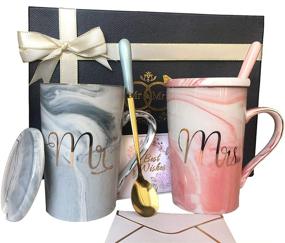 img 4 attached to Mr and Mrs Mugs Set - Wedding Gifts for Couple, Engagement Bridal Shower Gift, Unique Anniversary Married Couple Gift - Perfect Valentine's and Christmas Present - Ceramic Marble Coffee Cups 14oz