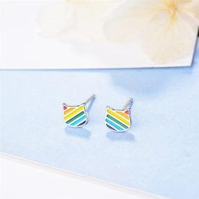 img 2 attached to 🌈 Cute Rainbow Kitty Cat Tiny Stud Earrings: Hypoallergenic White Gold Plated Gift for Women & Teen Girls, Perfect for Sensitive Ears, Cartilage, Tragus - Birthday Present for Daughter & Granddaughter