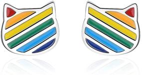 img 4 attached to 🌈 Cute Rainbow Kitty Cat Tiny Stud Earrings: Hypoallergenic White Gold Plated Gift for Women & Teen Girls, Perfect for Sensitive Ears, Cartilage, Tragus - Birthday Present for Daughter & Granddaughter