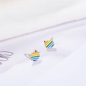 img 3 attached to 🌈 Cute Rainbow Kitty Cat Tiny Stud Earrings: Hypoallergenic White Gold Plated Gift for Women & Teen Girls, Perfect for Sensitive Ears, Cartilage, Tragus - Birthday Present for Daughter & Granddaughter