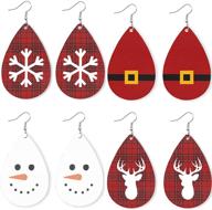 🎄 merry christmas teardrop leather drop earrings with red and white color theme - snowflake, reindeer, snowman, kilt grid print pattern dangle jewelry for women and girls in xmas logo