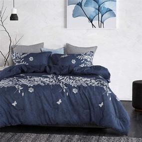 img 3 attached to 🌿 Navy Blue Comforter Set with Gray Floral and Tree Leaves Design - Luxurious Microfiber Bedding for Queen Size Bed (3pcs)