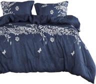 🌿 navy blue comforter set with gray floral and tree leaves design - luxurious microfiber bedding for queen size bed (3pcs) logo