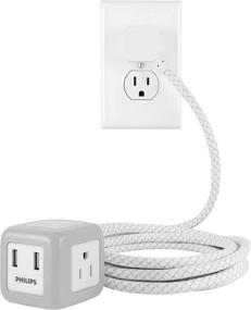 img 1 attached to 💡 Philips Серо-белый 3-розеточный кубик с резиновым покрытием и 2 USB-портами, 2.4A и 10-футовым плетенным шнуром - SPS3102WB/37